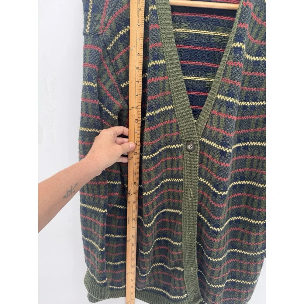 Lizsport Womens M Cardigan Sweater Green Plaid Striped Button Cottagecore Preppy
